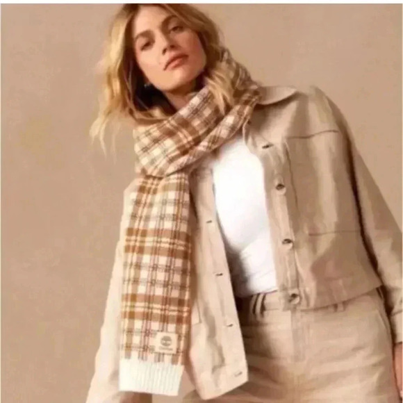 Timberland Accessories - Timberland Plaid Knit Scarf Cozy Logo Checkered Tan Cream Fall Winter